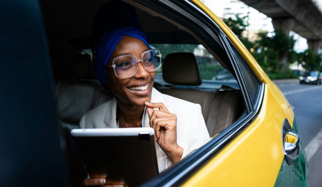 Business traveller arriving at the airport for a pre-booked transfer
